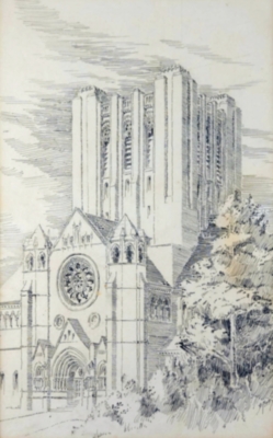 Architect’s concept drawing of proposed great central tower of Saint John’s Church.