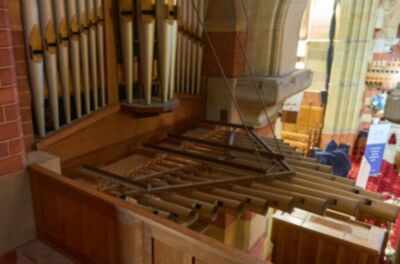 The tuba "en chamade" (horizontal) pipes above the choir vestry doors at St. John's.