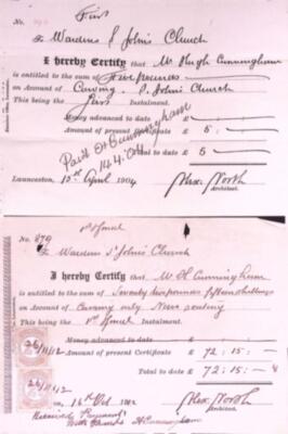 Payment certificates for the carving by Hugh Cunningham 1904 and 1912