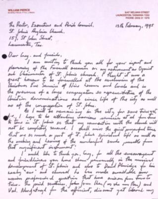Retirement letter from organist William Pierce