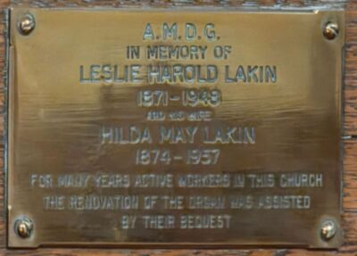 Memorial Plaque - Leslie and Hilda Lakin