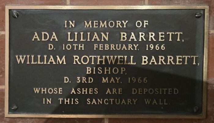 Memorial plaque and interred ashes - Bishop William Bothwell Barrett and Ada Lilian Barrett