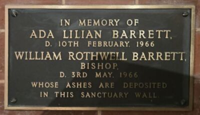 Memorial plaque and interred ashes - Bishop William Bothwell Barrett and Ada Lilian Barrett