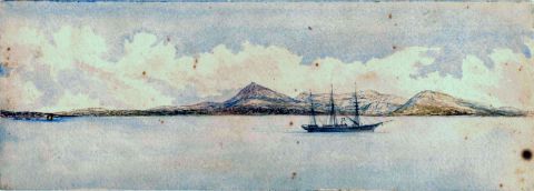 Kerford-Peak-Cape-Barren-with-HMCS-Victoria-in-Kent-Bay