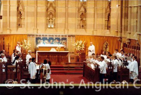 Choir and clergy during 1985 confirmation service.