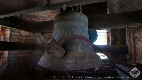Original bell in west tower showing former hour striker. Maker's mark can also be seen - “T. MEARS OF LONDON FECIT 1828.” ("Fecit" is the Latin word for "made")