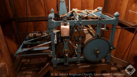 Clock workings in west tower -  manufactured by Thwaites and Reed at Clerkenwell in London, in 1828.  It was shipped from London in April 1829 and installed in 1835, replacing earlier mechanism on display in church history area.