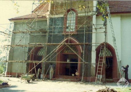 1982 - West tower brickwork stripped back for replastering