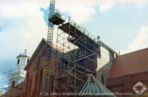 Construction lift and scaffolding at western tower