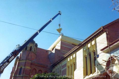 Parapet corner lifting and view of north scaffolding