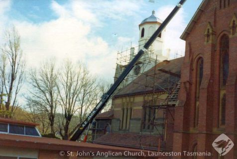 Scaffolding and framing of western end of chapel roof